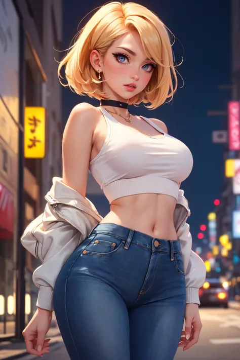 (masterpiece, best quality:1.4), (beautiful, aesthetic, perfect, delicate, intricate:1.2), (cute, adorable), (depth of field:1.2), dramatic lighting, vivid colors, colorful, sexy looking, perfect female form, (perfect face, glossy pink lips, expressive eyes, eyeliner, eyeshadow, blush), short blonde hair, (natural breasts, narrow waists), navel, midriff, bandages, (black tanktop), (jeans panties), (white jacket), choker, (tokio aesthetics, city streets), (at night:1.4),