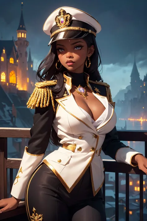 (masterpiece, best quality:1.4), (beautiful, aesthetic, perfect, delicate, intricate:1.2), (cute, adorable), (depth of field:1.2), (1girl, solo), colorful, vivid colors, moody, mood lighting, cinematic, (dark skin, black skin, ebony:1.2), perfect female form, perfect face, glossy pink lips, expressive eyes, eyeshadow, eyeliner, long flowing hair, natural breasts, (purple military officer uniform), (ornate delicate military officer uniform), (gold trimming in outfit), (war medals on her chest), (military officer cap), (cleavage), (leaning on an open balcony), warm lighting, looking at viewer, (castle at background, fantasy city background), (at night), (cowboy shot:1.2),