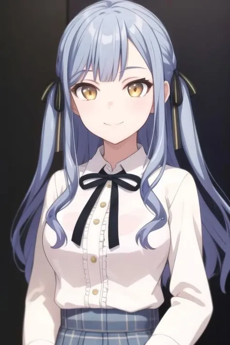 1girl, solo, masterpiece, best quality, closed mouth, smile, simple background, <lora:togawasakiko3:0.75>, togawa sakiko, black neck ribbon, white collared shirt, buttons, frilled shirt, grey plaid skirt,