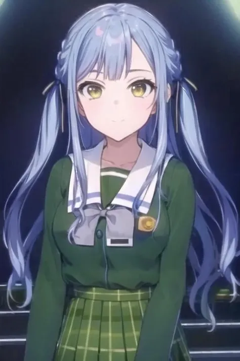 1girl, solo, masterpiece, best quality, looking at viewer, <lora:togawasakiko9:1>, togawa sakiko, braid, green shirt, white sailor collar, green skirt, plaid bow, long sleeves, serafuku, buttons, pleated skirt,