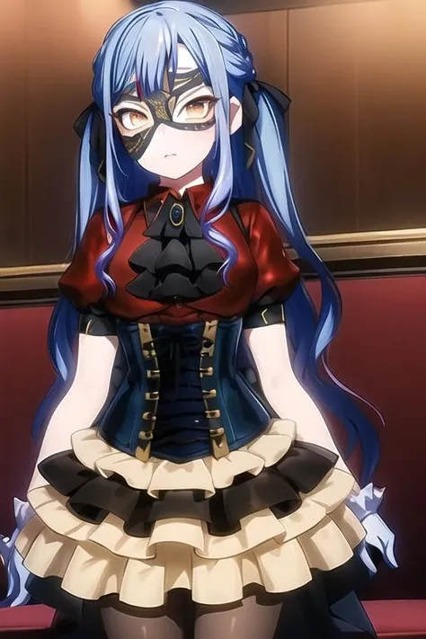1girl, solo, masterpiece, best quality, looking at viewer,  <lora:togawasakiko9:1>, togawa sakiko, oblivionis, mask, pantyhose, braid, corset, layered dress, ascot, puffy short sleeves, brooch, red shirt, frills, underbust, black gloves,