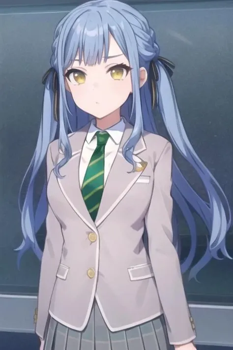 1girl, solo, masterpiece, best quality, looking at viewer, <lora:togawasakiko9:1>, togawa sakiko, braid, green striped necktie, white collared shirt, (grey blazer), green pleated skirt,