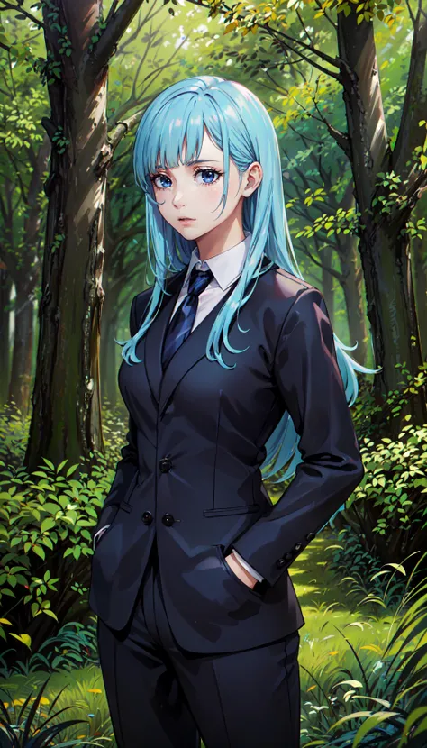 photorealistic, (4k), depth of field, (Masterpiece), (realistic skin texture), extremely detailed, intricate, hyper detailed, professional photography, bokeh, high resolution, sharp detail, best quality, girl, long hair, aqua hair, blunt bangs, blue eyes, suit and tie, <lora:GoodHands-beta2:0.4>, <lora:detail_slider_v4:0.8> , <lora:Kasumi Miwa-000004:0.7> , dynamic pose, (standing with hands in her pockets), forest clearing,