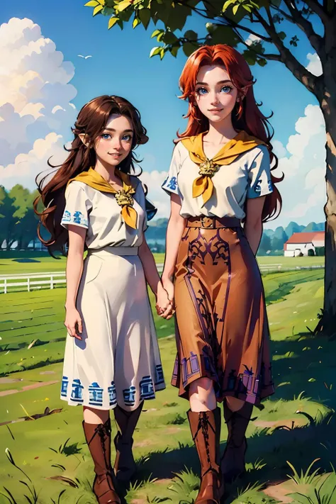 MalonOld, long hair, purple skirt, boots, yellow neckerchief, looking at viewer, smiling, happy,
standing, field, farm, blue sky, extreme detail, hdr, masterpiece, beautiful quality, <lora:Malon:.8>