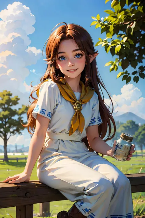 MalonYoung, age 10, long hair, white dress, brown boots, yellow neckerchief, looking at viewer, smiling, happy,
sitting, outside, field, farm, blue sky, holding a mason jar of milk, extreme detail, hdr, masterpiece, beautiful quality, <lora:Malon:.7>