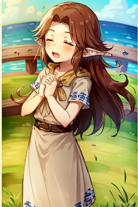 <lora:Malon:1>, MalonYoung, 1girl, solo, white dress, own hands together, singing, closed eyes, musical notes, masterpiece, best quality,