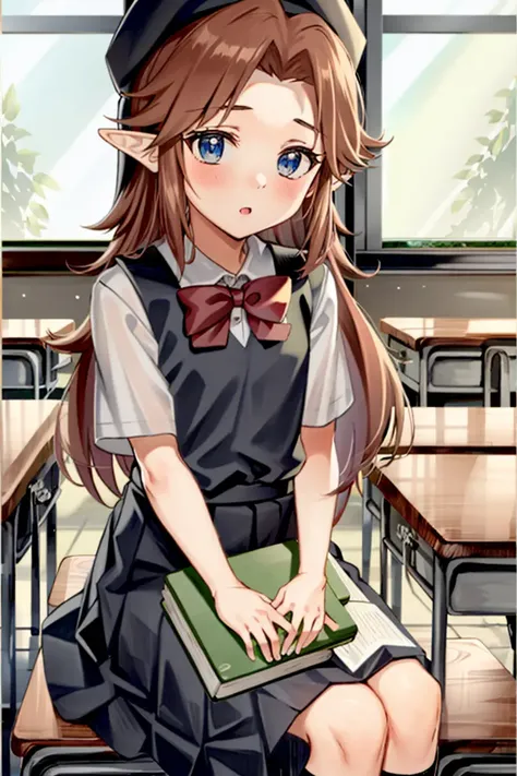<lora:Malon:0.9>, MalonYoung, 1girl, solo, (kindergarten uniform), (school hat), ((classroom)), sitting, books, school desk, masterpiece, best quality,