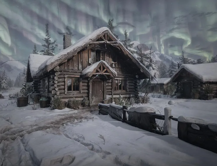 (dilapidated cabins:1.1), (place cav_rdrcolter in winter:1.2), (night, colorful aurora:1.2), trees and mountains in the background, broken fence in foreground
<lora:cav_rdrcolter:.7>
color grading <lora:AdvancedEnhancer:1.5>