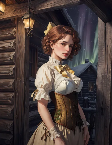 (Woman in a light yellow vintage corset with embroidered embellishments stands on a porch:1.2), dilapidated cabin, cav_rdrcolter in winter, (night, northern lights:1.1)
(closeup portrait:1.3) detailed face, auburn hair with copper streaks in a victorian gibson girl curls style with a bow-tied ribbon,
<lora:cav_rdrcolter:.7>