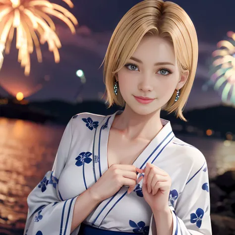 <lora:doa_tina:0.7> tina, blonde hair, yukata, fireworks, , night, sea, light smile, Backlighting