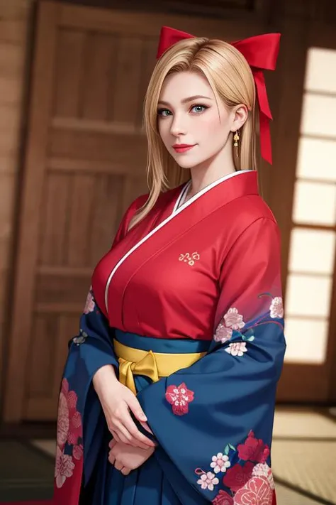 Masterpiece, best quality,photography, detailed skin, realistic, photo-realistic, 8k, highly detailed, full length frame, High detail RAW color art, diffused soft lighting, shallow depth of field, sharp focus, hyperrealism, cinematic lighting,
tina, <lora:doa_tina:0.7>, japanese clothes, blonde hair, long hair, blue eyes, large breasts, sheath, hair bow, kimono, hakama, pink kimono, hakama skirt, skirt, kyoto, wide sleeves, ribbon, sidelocks, red hakama, sheathed, sash, hair ribbon, floral print, looking at viewer, light smile