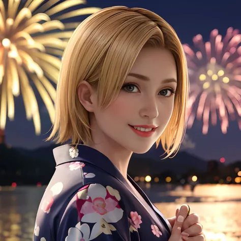 <lora:doa_tina:0.7> tina, blonde hair, yukata, fireworks, , night, sea, light smile, Bird's-eye view
