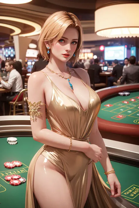 ultra realistic 8k cg, flawless, masterpiece, solo, 1girl , <lora:doa_tina:0.7>, tina, blonde hair, casino, dress, necklace, earring