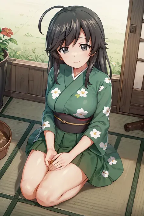 masterpiece, best quality, 1girl, solo, girls und panzer, isuzu hana, ahoge, (red kimono+flower print), (kneeling + sitting in front of potted flowers), smile,japanese room, tatami, blue sky <lora:Isuzu Hana:0.6>