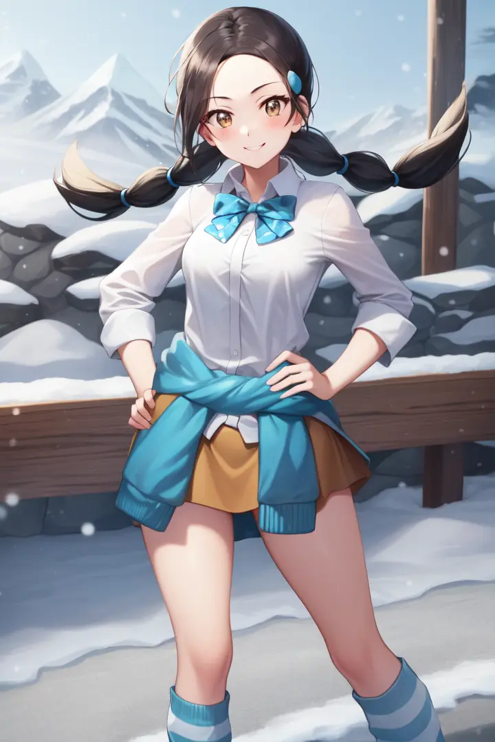 masterpiece, best quality, candice, twintails, bowtie, white shirt, clothes around waist, orange miniskirt , striped socks, loafers, standing, smile, hands to hips, snow, winter <lora:candice-nvwls-v2-000012:0.9>