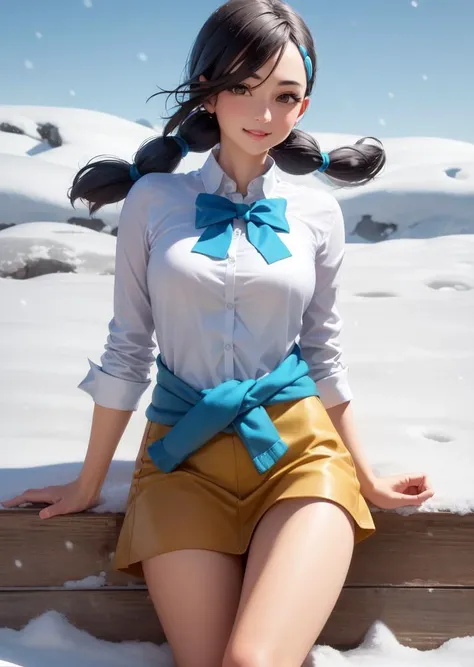 masterpiece, (realistic:1.3), photorealistic, best quality, candice, twintails, bowtie, white shirt, clothes around waist, orange miniskirt, cowboy shot, smile, closed lips, raised hand, snow-covered field, blue sky, snow, winter <lora:candice-nvwls-v2-000012:0.9>