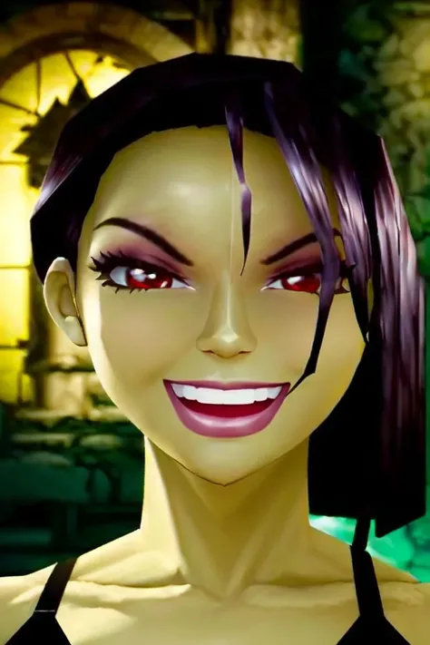(rule of thirds), (masterpiece), (highly detailed), (1girl, Grunty, red eyes, black hair, smiling, open mouth, teeth,) (green skin:0.8), (portrait,) (cinematic lighting, ruins background,)  <lora:Banjokazooie_Grunty:0.85>