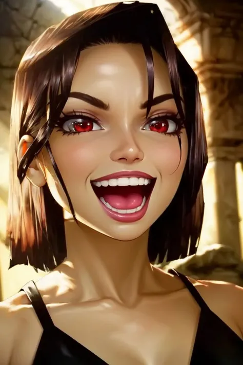(rule of thirds), (masterpiece), (highly detailed), (1girl, Grunty, red eyes, black hair, smiling, teeth,) (green skin:0.8), (portrait,) (cinematic lighting, sunny and ruins background,) <lora:Banjokazooie_Grunty:0.8>