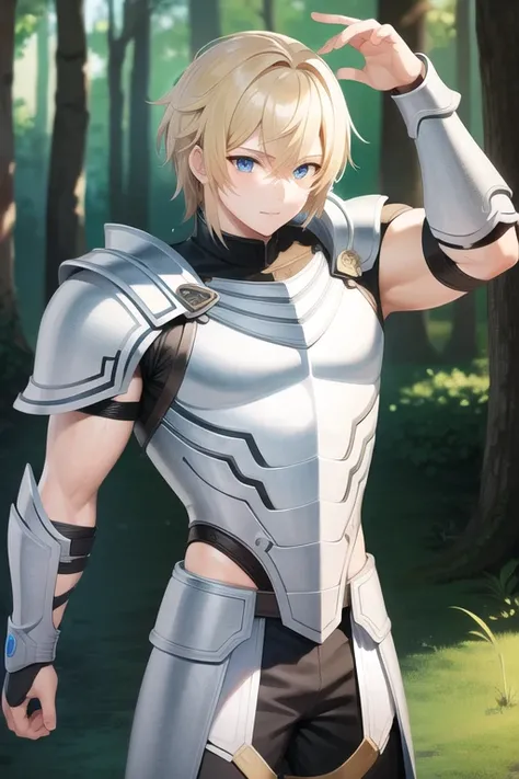 male, armor, muscular, fantasy, blonde hair, blue eyes, forest background