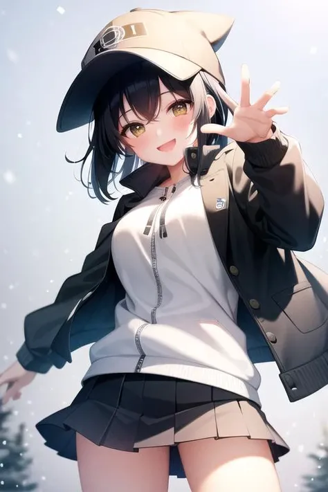 tomboy, black hair, jacket, smiling, waving, hat, snowing, beautiful, cute, blushing, dappled with sunlight, cold breathing