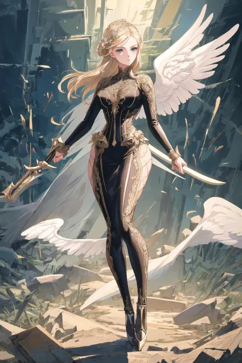 {{masterpiece}}, {best quality},{highres}, original, extremely detailed 8K wallpaper, battlefield,1girl holding weapon fighting,full body,beautiful detailed eyes,Exaggerated body proportions, realistic and delicate facial features,large_hips,angel and devil,young girl,bishoujo,gradient hair,slim waist,ultra-detailed,illustration,incredibly_absurdres,intricate detail,shiny hair,colored tips,finely detail, Depth of field