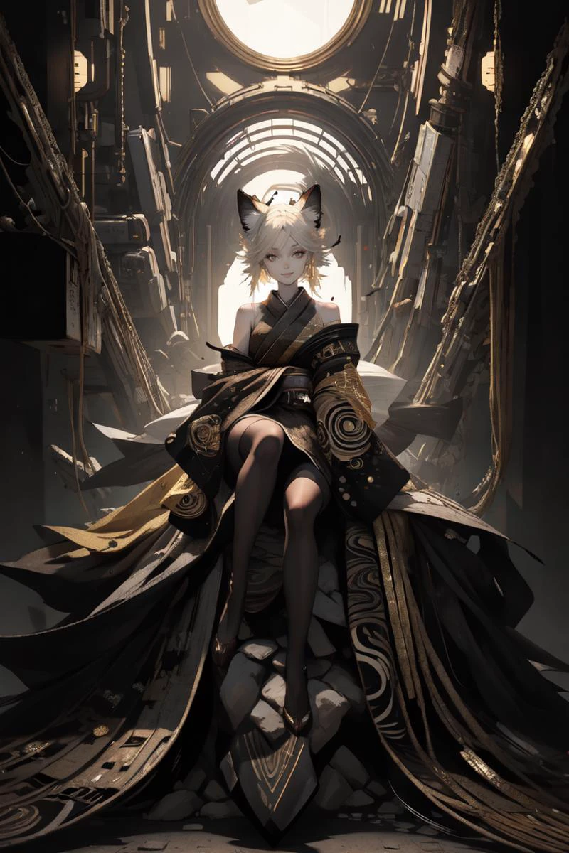 (masterpiece, best quality, ultra detailed), cyberpunk, scifi, future, abstract, delicate pattern, detailed background, 1girl, solo, smirk, mature female, sitting, (cowboy shot:1.4), kimono, detached sleeves, pantyhose, art_deco_fusion, luxurious, glamorous, gilded, symmetry, <lora:art_deco_fusion:0.5>, ghost nocturnal, <lora:ghost nocturnal:0.7>, fox ears, fox tail, Style_SM, <lora:StyleSwamp:0.5>,