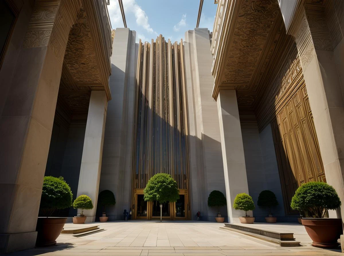 (masterpiece:1.3), (best quality:1.2), chiaroscuro, Unreal Engine, CGI render, Hyperdetailed, vivid colors, modern era photograph, ultra high quality model, 8k Ultra HD, perfect composition, beautiful detailed intricate insanely detailed octane render, soft natural volumetric cinematic perfect light, perfect depth of field shot, ray tracing, photometry, beautiful, metallic deep colors, subsurface scattering, ultra realistic, (photorealism:1.1), 8 k artistic photography, hyperdetailed, absurdly detailed, scenery, city, buildings, idealized American city, busy city center, parks and greenery areas, parks, plazas, modern era photograph, skyscrapers, art deco, monumental architecture,
(uploaded and trending on imgur, pixiv, furaffinity, pinterest, e621, inkbunny, tumblr, deviantart, artstation, ),
(in the style of and art by midjourney, greg rutkowski, raphael, Frank Lloyd Wright, James Gurney, Thomas Kinkade, ),
<lora:ArtDecoArchitecture-10:0.85> <lora:art_deco_fusion-10:0.35> art_deco_fusion