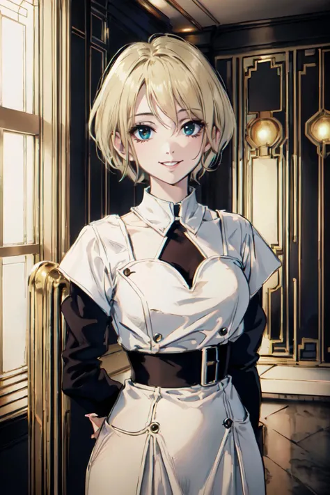 <lora:art_deco_fusion:0.85> art deco fachion,art deco room, blonde hair, dress,
(best quality, masterpiece, RAW photo,ultra-detailed:1.2), <lyco:GoodHands-beta2:1.0>,1girl,solo,looking at viewer,smile