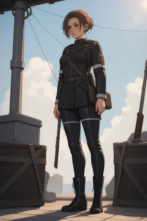 score_9, score_8_up, score_7_up, BREAK source_anime, <lora:Sasha Blouse-PonyXL-lora-Faxtron:0.8> sasha blouse, brown eyes, brown hair, short ponytail, medium breasts, black paradis military uniform, black pants, black boots,