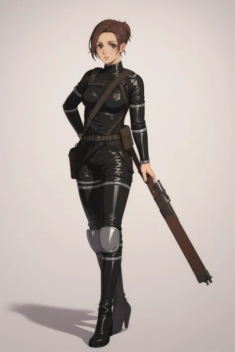 score_9, score_8_up, score_7_up, BREAK source_anime, <lora:Sasha Blouse-PonyXL-lora-Faxtron:0.8> sasha blouse, brown eyes, brown hair, short ponytail, medium breasts, black paradis military uniform, black pants, boots,