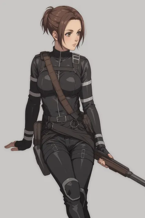 score_9, score_8_up, score_7_up, BREAK source_anime, <lora:Sasha Blouse-PonyXL-lora-Faxtron:0.8> sasha blouse, brown eyes, brown hair, short ponytail, medium breasts, black paradis military uniform, black pants, black boots,