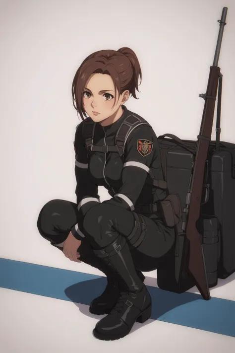 score_9, score_8_up, score_7_up, BREAK source_anime, <lora:Sasha Blouse-PonyXL-lora-Faxtron:0.8> sasha blouse, brown eyes, brown hair, short ponytail, medium breasts, black paradis military uniform, black pants, boots,