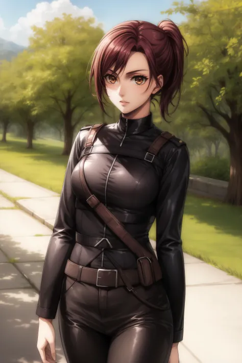 (masterpiece, best quality), <lora:Sasha Braus-lora-Faxtron:0.8> sasha blouse, brown eyes, brown hair, short ponytail, medium breasts, black paradis military uniform, long black sleeves, black pants,
<lora:add_detail:0.8>