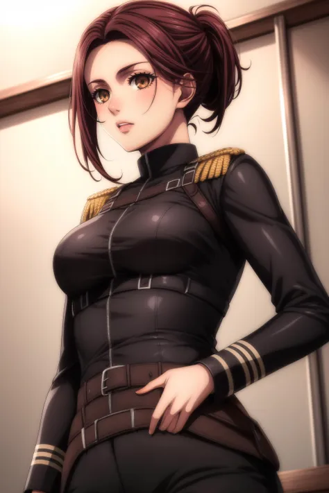 (masterpiece, best quality), <lora:Sasha Braus-lora-Faxtron:0.8> sasha blouse, brown eyes, brown hair, short ponytail, medium breasts, black paradis military uniform, long black sleeves, black pants,
<lora:add_detail:0.8>