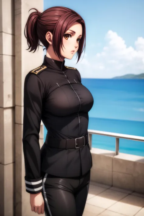 (masterpiece, best quality), <lora:Sasha Braus-lora-Faxtron:0.8> sasha blouse, brown eyes, brown hair, short ponytail, medium breasts, black paradis military uniform, long black sleeves, black pants,
<lora:add_detail:0.8>