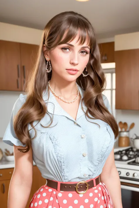 Professional Full Body Photo, Full Shot, of VeronicaCipher (beautiful 1950s housewife), (wearing vintage 1950s polkadot blouse and pencil skirt), standing, (in kitchen of 1950s American house), pinup, small breasts, perfect hands,  (detailed facial features), (detailed skin, supple skin pores), (long  hair with bangs in ponytail), large pearl necklace, (portrait), [smoke], [haze], natural lighting, shallow depth of field, photographed on a Canon EOS-1D X Mark III, 50mm lens, F/2.8, (intricately detailed, hyperdetailed), ((RAW color)), sharp focus, HDR, 4k resolution, Cinematic film still from Mad Men