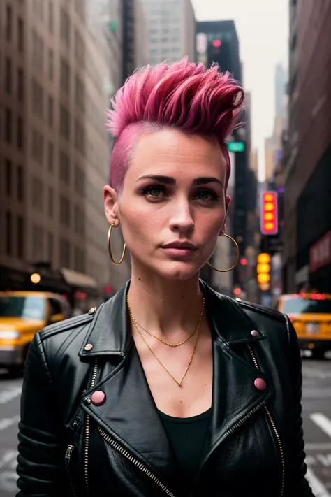photograph of VeronicaCipher, pink Mohawk haircut, detailed face, wearing black leather jacket, standing on a busy street in New York City, film grain, analog, Kodak Portra 800, f1.8, 50mm <lora:theovercomer8sContrastFix_sd15:0.85>