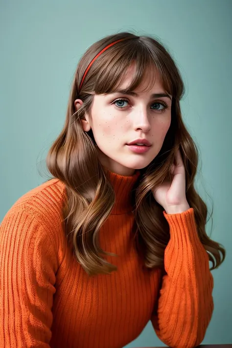 portrait photo of VeronicaCipher in a Wes Anderson haute couture spring fashion shoot, in the style of Lucy Grossmith, colorful, eye-catching compositions, vibrant colors, inspired by retro aesthetics, 1960s, twee, cold atmosphere, vintage, folkart, patchwork collage, rule of thirds, Olivia Gibbs, detailed face, film grain, Fujiflim XT3, DSLR, 50mm <lora:add_detail:0.4>
