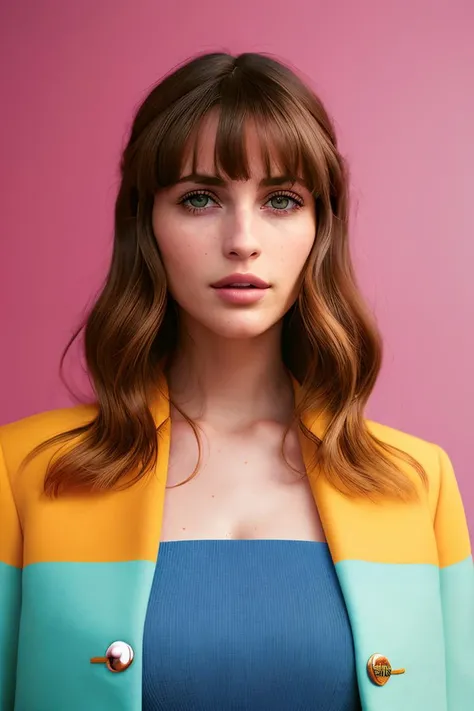 VeronicaCipher in haute couture spring fashion shoot, still from a Wes Anderson movie, symmetrical, colorful, eye-catching compositions, vibrant palettes, inspired by retro aesthetics, cold and detached atmosphere, vintage aesthetics, inspired by folkart, pastels, play of light and shade, patchwork collage aesthetics, Olivia Gibbs, detailed face, film grain, Kodak Portra 800, f1.8