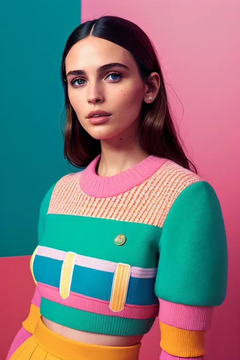 VeronicaCipher in haute couture spring fashion shoot, still from a Wes Anderson movie, symmetrical, colorful, eye-catching compositions, vibrant palettes, inspired by retro aesthetics, cold and detached atmosphere, vintage aesthetics, inspired by folkart, pastels, play of light and shade, patchwork collage aesthetics, Olivia Gibbs, detailed face, film grain, Kodak Portra 800, f1.8