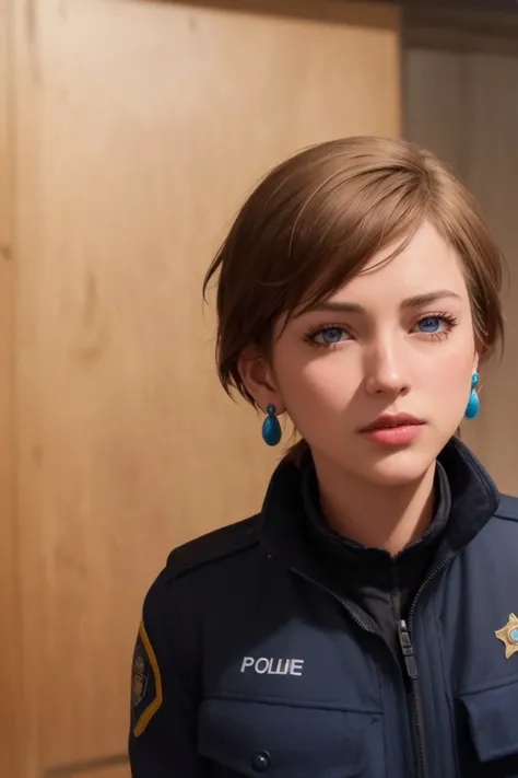 masterpiece, best quality, ultra high res, (photorealistic:1.8), unreal_engine, photograph, realistic_skin_texture, <lora:topaz-military-v1:0.65>, cowboy shot, 1girl, solo, sxtopaz, short hair, brown hair, blue eyes, earrings, lipstick, police uniform, portait