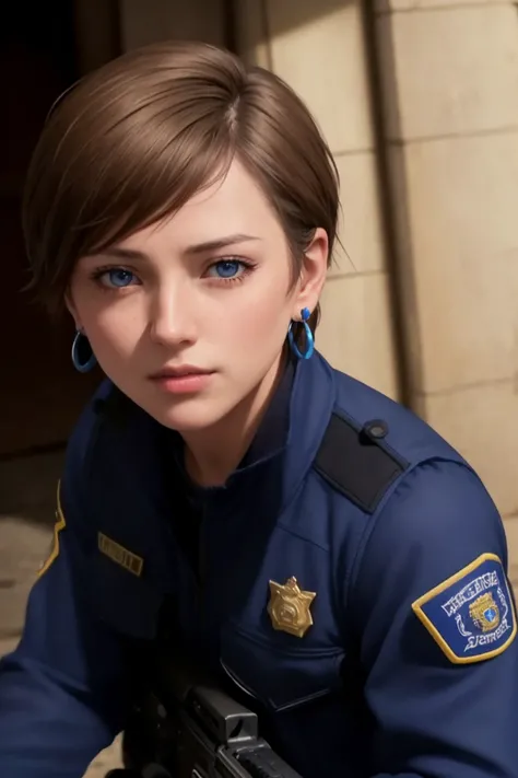 masterpiece, best quality, ultra high res, (photorealistic:1.8), unreal_engine, photograph, realistic_skin_texture, <lora:topaz-military-v1:0.65>, cowboy shot, 1girl, solo, sxtopaz, short hair, brown hair, blue eyes, earrings, police uniform, rifle