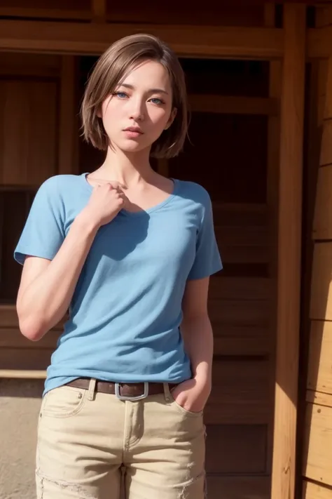 masterpiece, best quality, ultra high res, (photorealistic:1.8), unreal_engine, photograph, realistic_skin_texture, <lora:topaz-officer-v1:0.65>, cowboy shot, 1girl, solo, sxtopaz, short hair, brown hair, blue eyes, pray hand on hip, Hakodate, Fuji Mountain