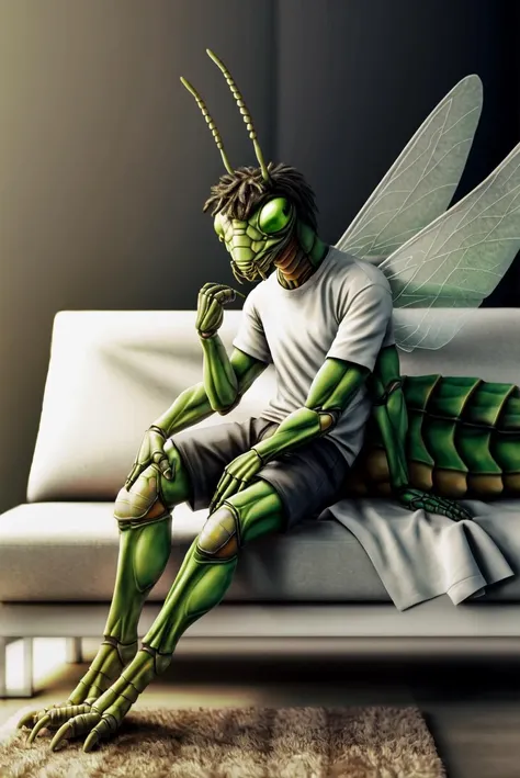 male, anthro, arthropod, praying mantis, insect, mantis, 2 antennae, 2 toes, (4 arms), antennae anatomy, arthropod abdomen, biped, exoskeleton, feet, fingers, clothed, shirt, shorts, green body, green exoskeleton, mandibles, multi arm, multi limb, solo, toes, digitigrade, green eyes, hi res, <lora:anthro_mantis-v1:0.5>, detailed background, 8k, realistic, multiple wings, insect wings, wings, 4 wings, black hair, short hair, living room, sitting, sofa, shy, slim, <lora:Furtastic_Detailer:0.5>