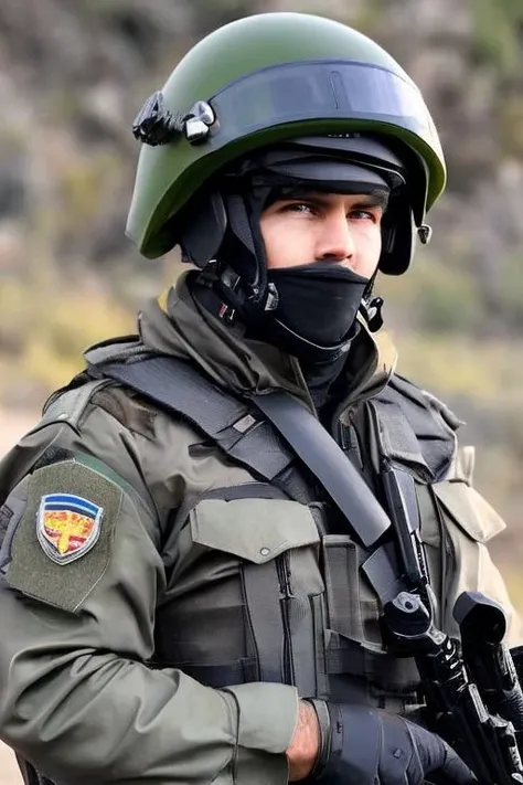 <hypernet:sobr:1> a rendering of a man in a military uniform with a gun in his hand and a helmet on his head and a gun in his other hand, SOBR, full round face, a character portrait, dau-al-set, art by sobr