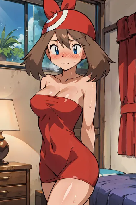 masterpiece, best quality, highres, 1girl, may (pokemon), <lora:mayHarukaPokemonAdvanced:0.5>, embarrassed, blush, sweat, red t3ghtdr3ss, strapless, sleeveless, <lora:tightdressV5:0.2>, bedroom, cleavage