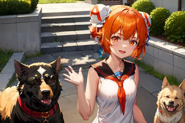 masterpiece, best quality,acgirl, 1girl, dog, dress, hair bun, open mouth, double bun, year of the dog, smile, sunglasses on do, orange hair, short hair, sailor dress, white dress, orange eyes, sailor collar,kbxll