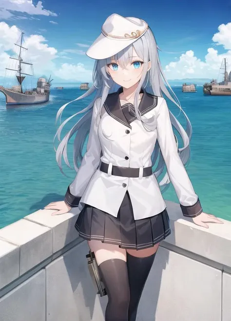 (extremely detailed CG unity 8k wallpaper),(masterpiece), (best quality), (ultra-detailed), (best illustration),(best shadow), (sharp eyeliner, eyeshadow, detailed eyes:1.1), (harbor background:1.2), container, sea, blue sky, battleship, warm smile, looking afar, facing side way, holding a binocular,
BREAK verniy, grey hair, hat, school uniform, white serafuku, long sleeves, skirt, black thighhighs<lora:kancolle_verniy-17:1>