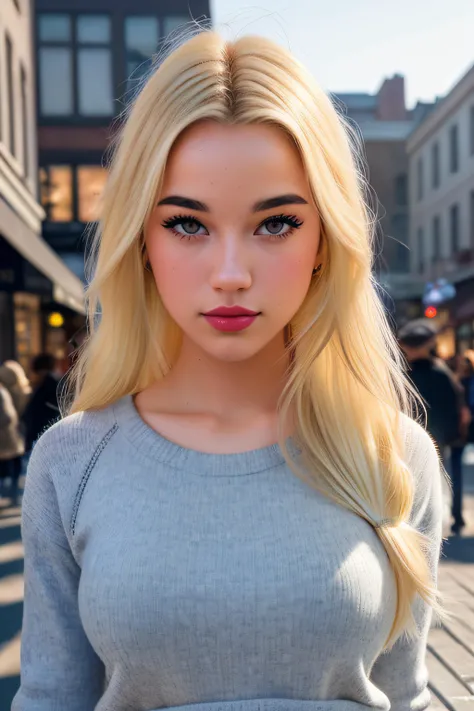 photo of (s0fiag0mez:0.99), a woman as a sexy model, ((blonde hair:1.3)), modelshoot style, (extremely detailed CG unity 8k wallpaper), photo of the most beautiful artwork in the world, professional majestic oil painting by Ed Blinkey, Atey Ghailan, Studio Ghibli, by Jeremy Mann, Greg Manchess, Antonio Moro, trending on ArtStation, trending on CGSociety, Intricate, High Detail, Sharp focus, dramatic, photorealistic painting art by midjourney and greg rutkowski, (comfy sweater:1.2), (baggy sweat pants:1.2), (sneakers), (on the sidewalk), ((walking down the sidewalk)), (carrying shopping bags), ((stores in the background)), ((street in the background)), (busy street), (looking at viewer), (detailed pupils:1.3), (modern outfit:1.2), (closeup:1.1), red lips, (eye shadow), (partially closed lips:1.2), (parted_lips:1.2)