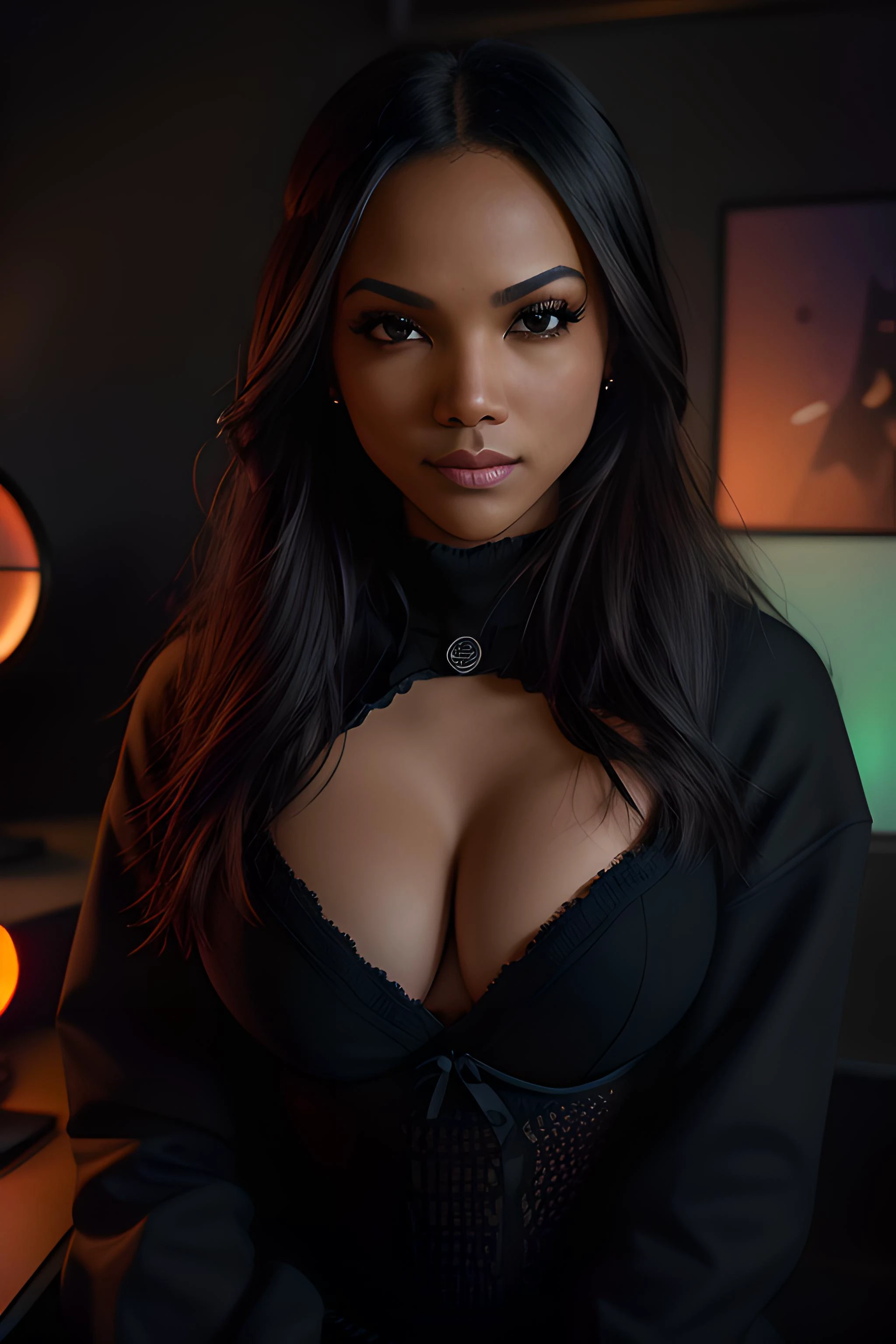 raw photo of (m3kiac0x-500:0.99), (egirl:1.3), ((streamer:1.2)), a woman, modelshoot style, (extremely detailed CG unity 8k wallpaper), photo of the most beautiful artwork in the world, professional majestic oil painting by Ed Blinkey, Atey Ghailan, Studio Ghibli, by Jeremy Mann, Greg Manchess, Antonio Moro, trending on ArtStation, trending on CGSociety, Intricate, High Detail, Sharp focus, dramatic, photorealistic painting art by midjourney and greg rutkowski, (pc gaming room at home:1.2), (large breasts:1.2), ((e-girl sweater)), ((multi coloured lighting on wall and ceiling:1.2)), (slight cleavage:1.3), (big smile look on her face: 1.3), ((speaking into a condenser microphone :1.4)), ((high end pc on desk:1.3)), (looking at viewer:1.4), (detailed pupils:1.3), (closeup:1.2), (face light), (seductive:1.3), (seductive face, seductive look), (eye shadow), dark eyeliner, (full lips:1.2), (parted lips:1.3) (high detailed skin:1.2), 8k uhd, dslr, soft lighting, high quality, film grain, Fujifilm XT3 sharp focus, f 5.6, dimly lit, rim light, <lora:epiNoiseoffset_v2:1.2> <lora:egirlAesthetic_v10:0.3>